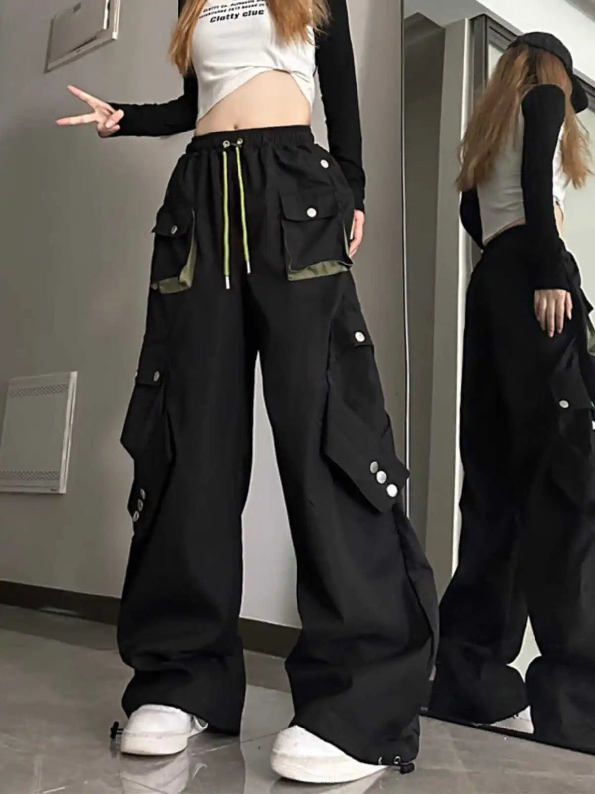American High Street Workwear Casual Pants Women Loose Color Block Straight Leg Long Pants Pocket High Waist Wide Leg Trousers