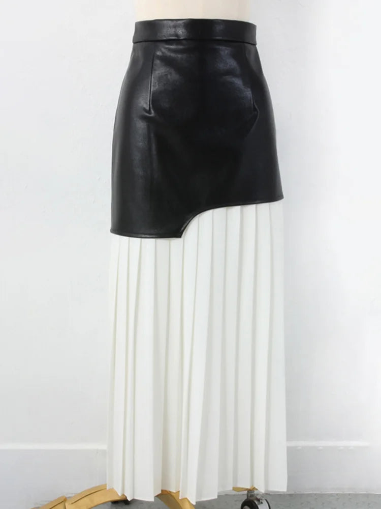 TWOTWINSTYLE Casual Patchwork Pu Skirt For Women High Waist Midi Folds Pleated Skirts Female 2022 Spring Fashion Clothing Style