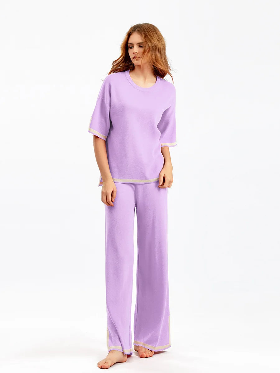 Pants Set Women Two Piece Sets Short Sleeve Spring Knit Tops Loose Casual Wide Leg Long Pants High Waist Y2k Streetwear Spring