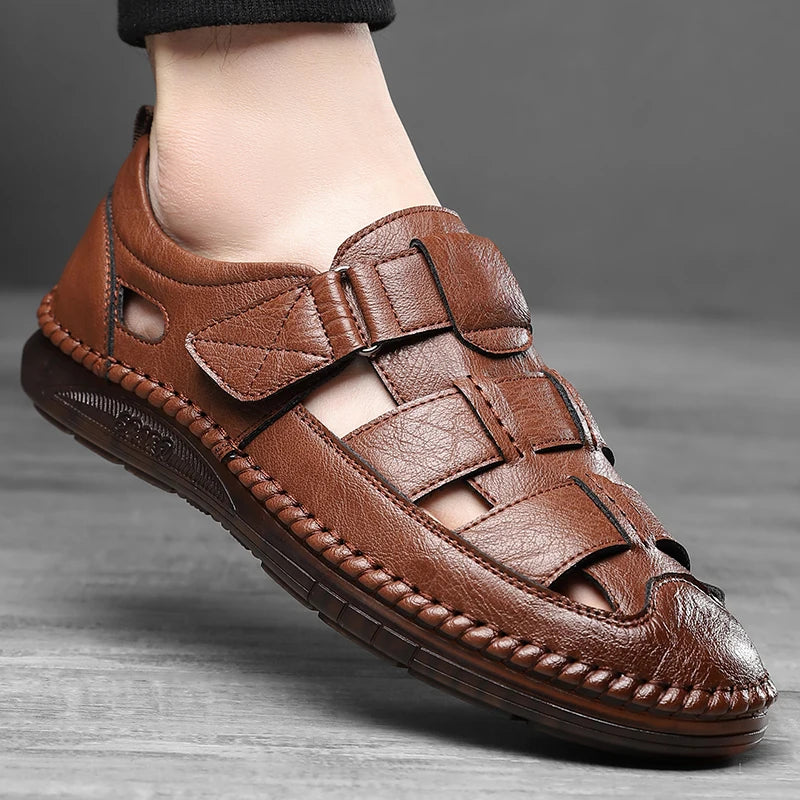 Genuine Leather 2024 Summer Special Offer Men's Business Casual Hollow Work with Holes Leather Sandals Men's Work Hole Sandals