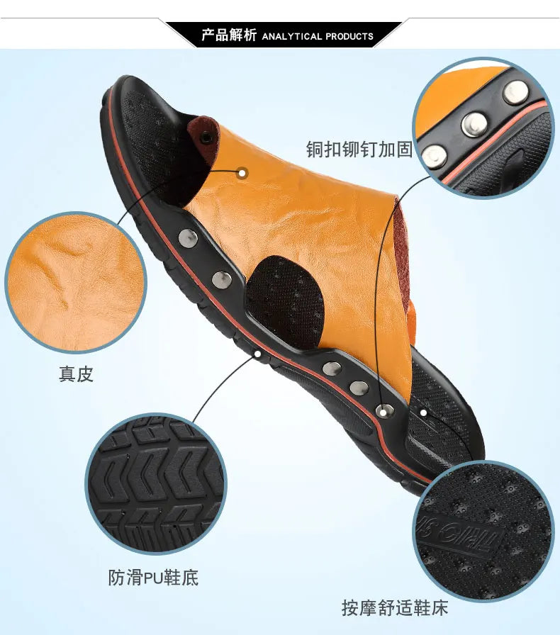 Genuine Leather Slippers for Men Casual Big Size Wear-Resistant Non-slip Fashion Flat Breathable Comfortable Shoes Summer Main