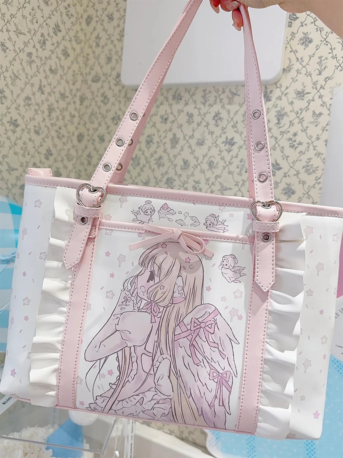 Pink Tote Bag Women Large Capacity Shoulder Bags Cartoon Cute PU Leather Handbags Shopping Women's Bags