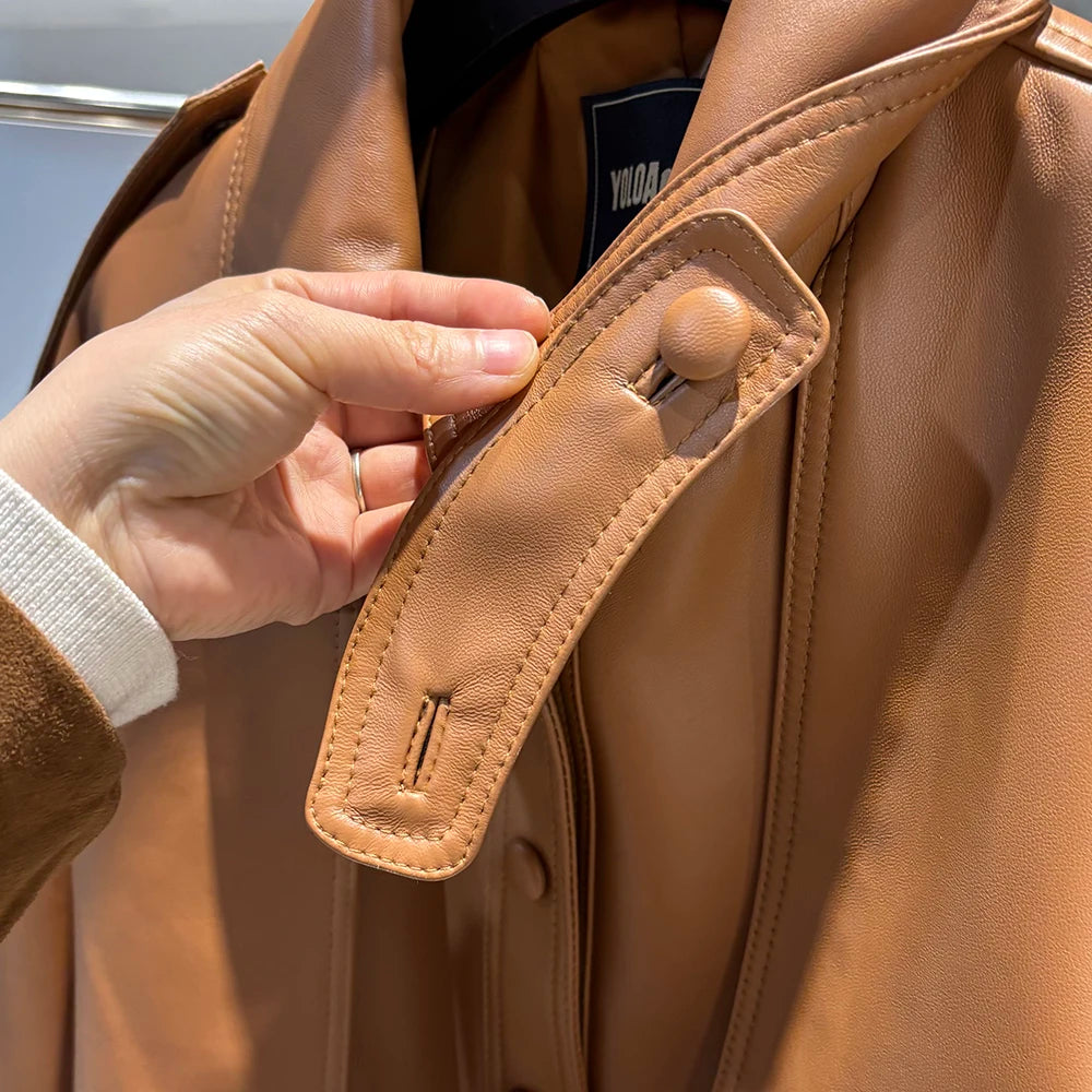 YOLOAgain Real Leather Suede Jacket Women Dark Brown Single Breasted Leather Coat With Belt