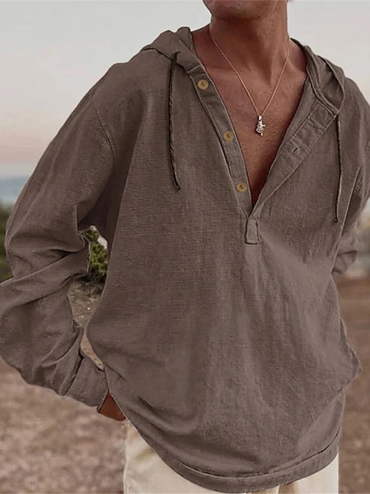 Vintage Cotton Linen Hooded Shirt For Men Long Sleeve V Neck Hoodies Tops Fall Casual Loose Shirts Seaside Beach Blouse Clothing
