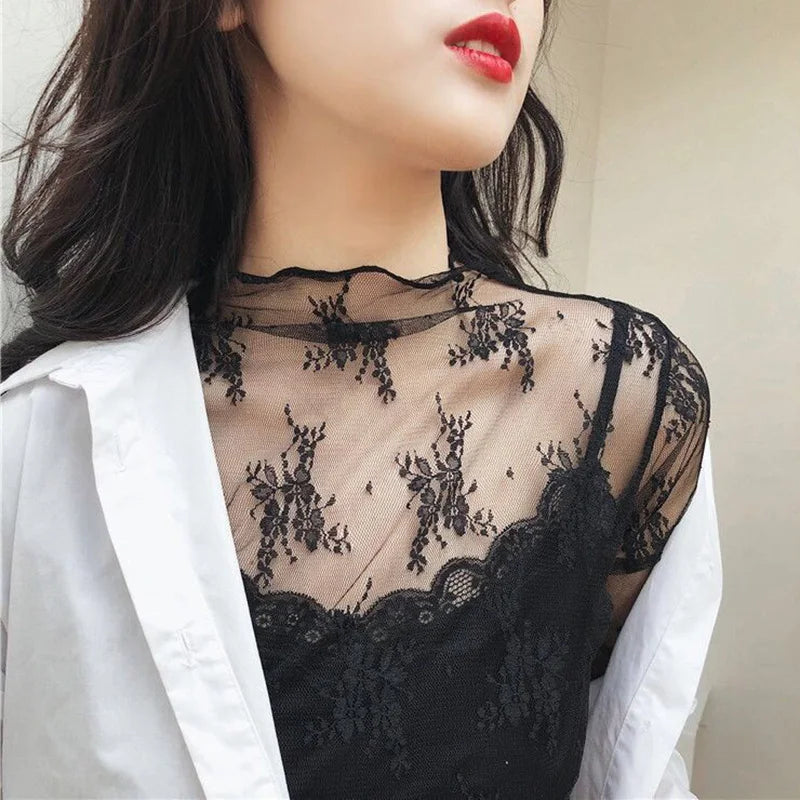 Summer Women Lace Floral Embroidery Blouses  Ladies Tops Sexy Mesh Blouses Transparent Elegant Long Sleeves See-through Shirt