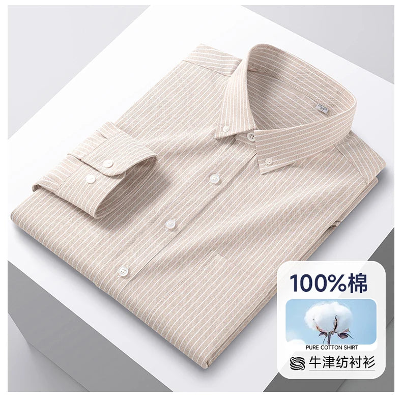 100% Cotton Men's Oxford Shirts Spring Autumn Long Sleeve Basic Casual Solid Striped Button Down Social Business Formal Plus 5XL
