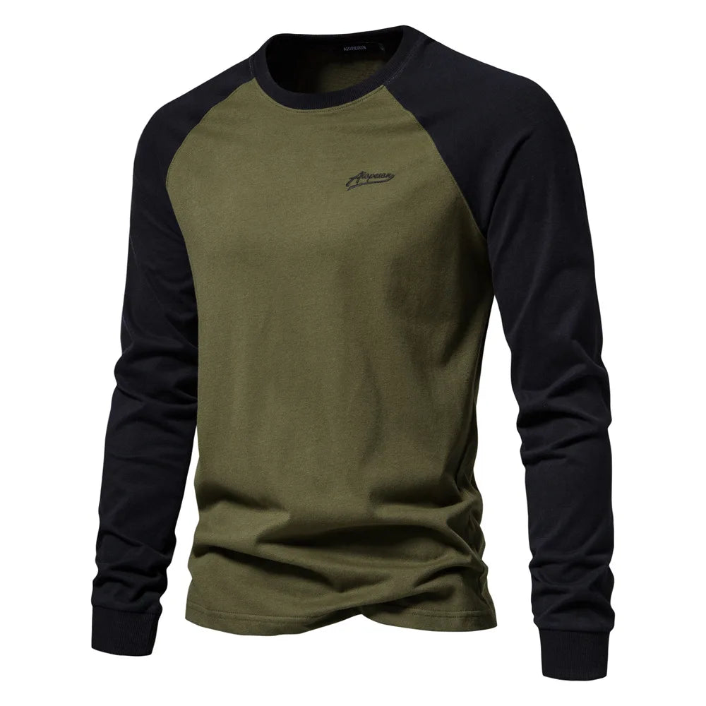 New 100% Cotton Men T-shirts Long Sleeve Splicing Tops Spring Autumn Casual Streetwear O-neck Slim Tees Men's Bottom T-shirt