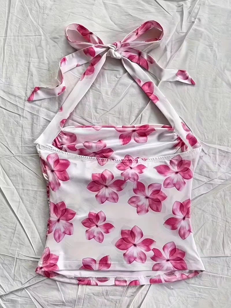Women's summer short top, pink floral camisole vest, suitable for vacation style girls