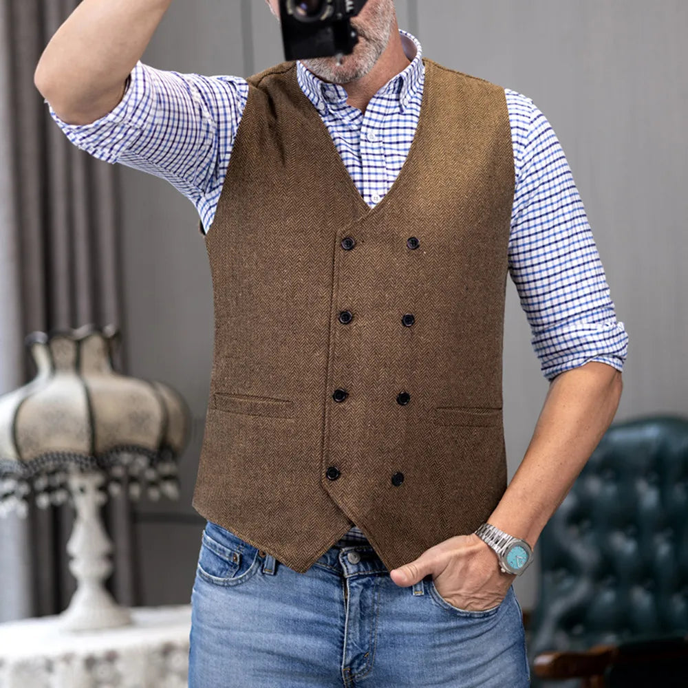 V Neck Men's  Suit Vests Herringbone Wool Tweed Double Breasted Waistcoat Tuxedo Groomsmen For  Wedding
