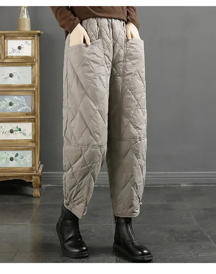 Vintage Quilted Pants Women Winter Warm Trouser Cotton-padded Pants Casual Design Pockets Elastic Waist Korean Chic Black Pants