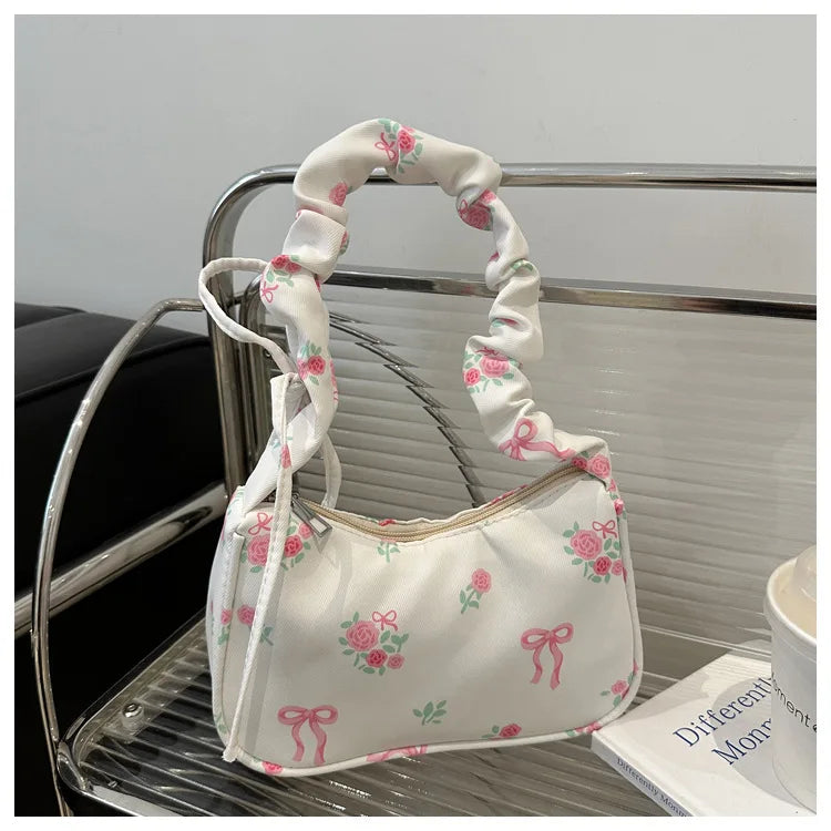 Women's Bags New Sweet Print Canvas Handbags Korean Floral Bow Printed Zipper Tote Bag Female Small Shoulder Bag