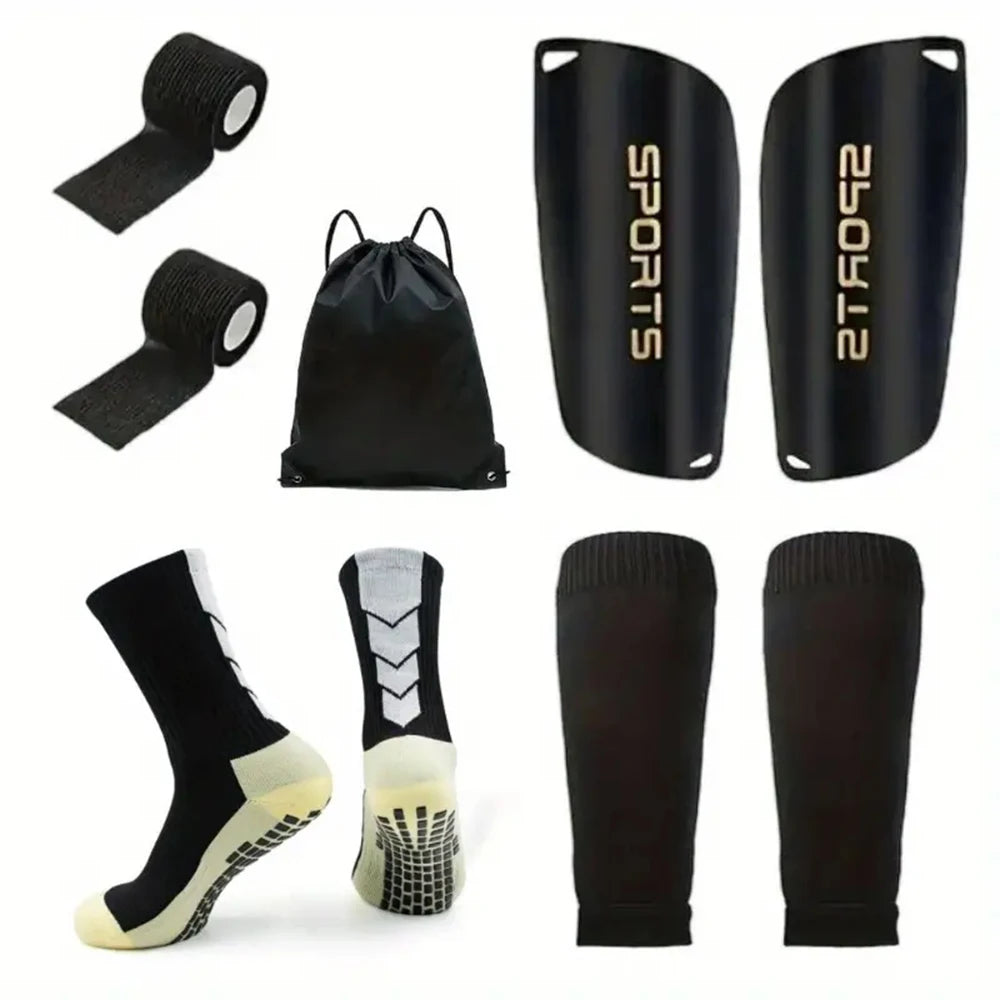 5-Piece Set of Outdoor Sports Football Socks + Shin Guards + Shin Socks + Bandages + Storage Bag