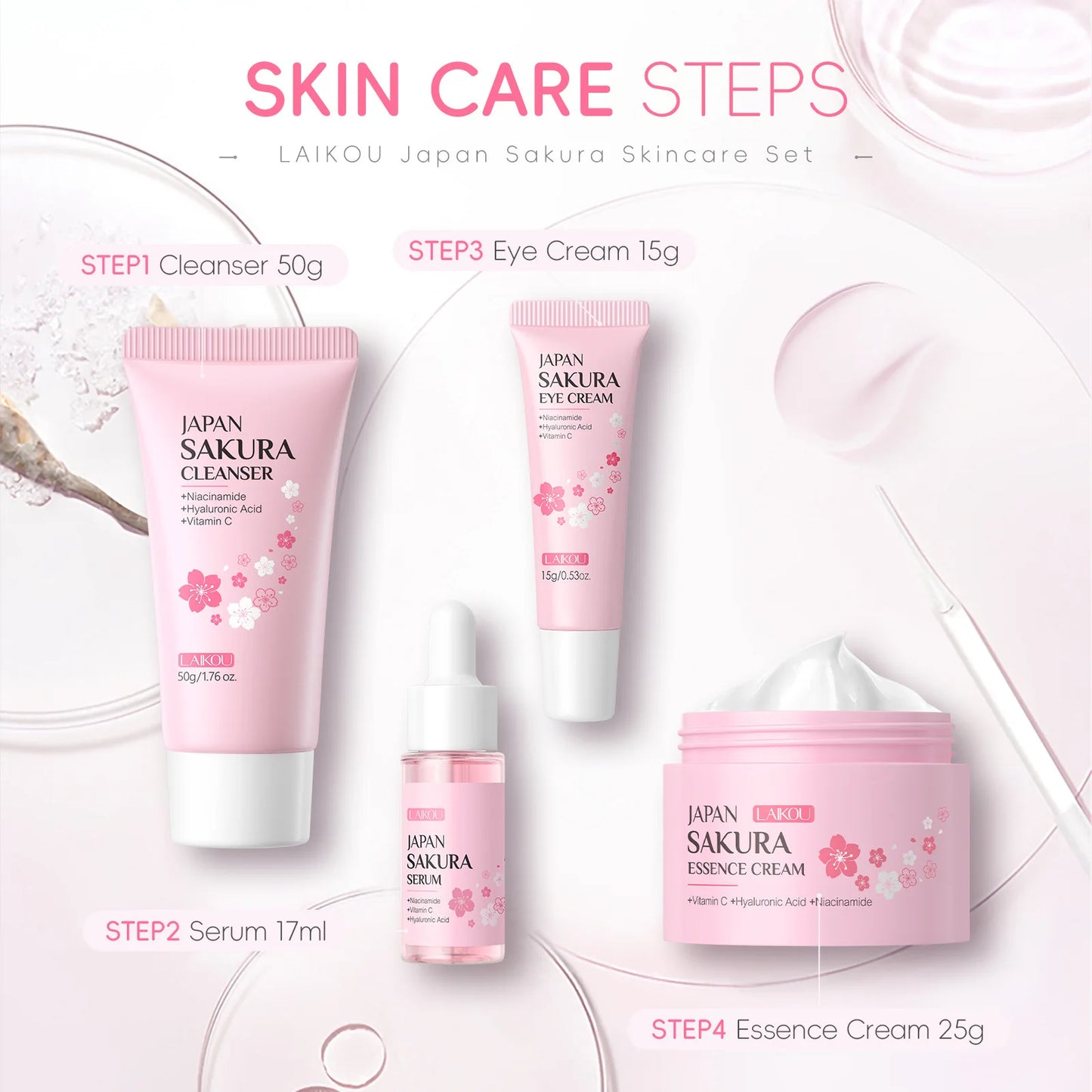 Japan Sakura Skincare Set 4pcs Hydrating Tightening Cleanser Serum Essence Cream Eye Treatment Soften Clean Skin Beauty