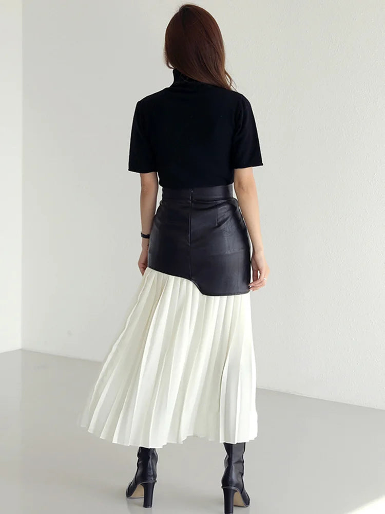 TWOTWINSTYLE Casual Patchwork Pu Skirt For Women High Waist Midi Folds Pleated Skirts Female 2022 Spring Fashion Clothing Style