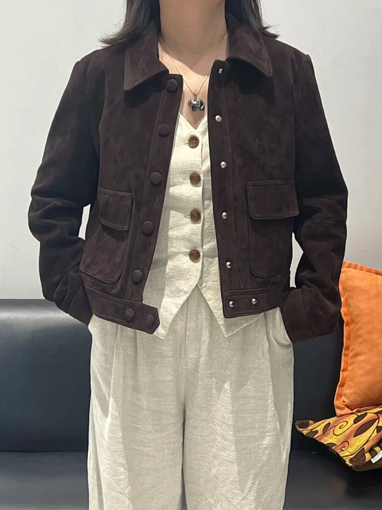 Winter Woman Clothing Old Money Style Retro Chocolate Brown Kid Suede Genuine Leather Jacket Streetwear Collar Slim Short Coat