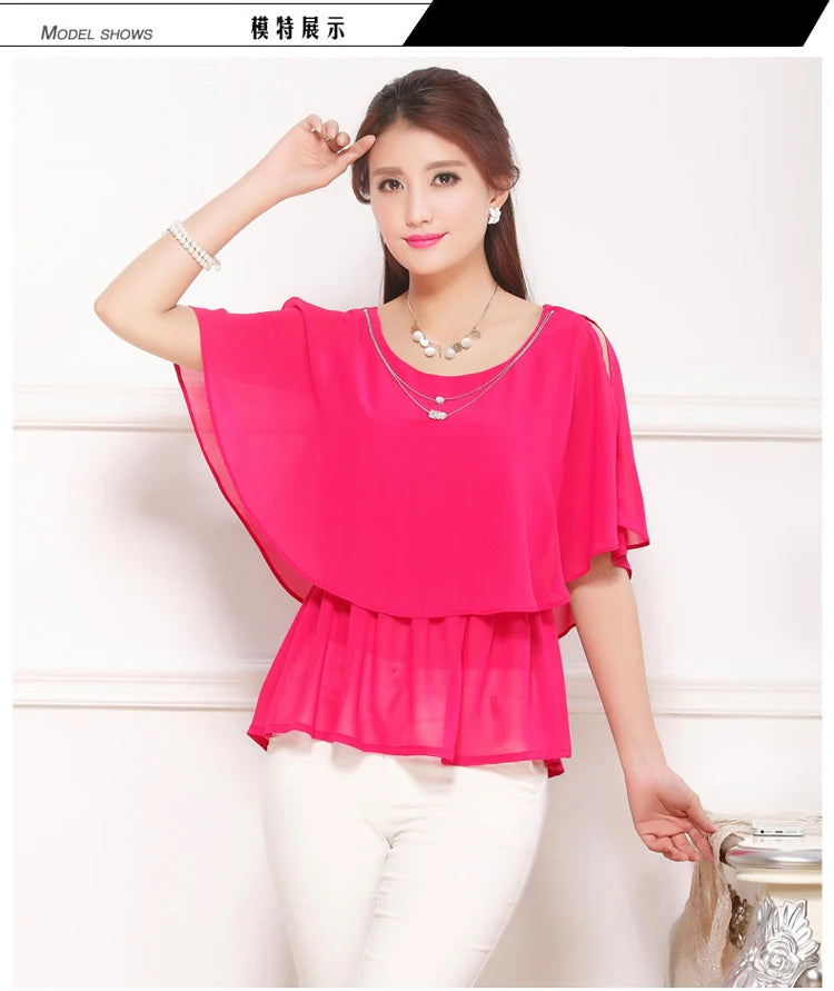 2025 Women Summer Tops Blouse Fashion Elegant Ruffle Batwing Sleeves Chiffon Shirt Loose Casual Clothing blusas mujer de moda