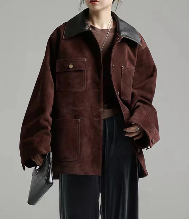 Retro Imported Mixed Sheep Suede Leather Jackets for Women 2025 Trendy Soft Kid Suede Medium Long Outwears Female Trench Coat