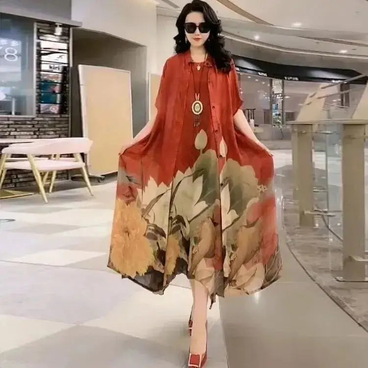High Atmospheric Elegant Silk Dress Two-piece set 2024 Summer New Westernized Mulberry Silk Large Size Temperament Long Set Skir