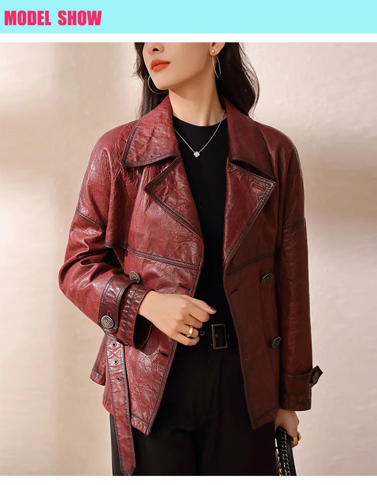 Roupas Femininas Autumn Women's Suit Collar Lace-up Waist Oil Wax Sheepskin Gabardina Mujer Vintage Red Wine Short Trench Coats