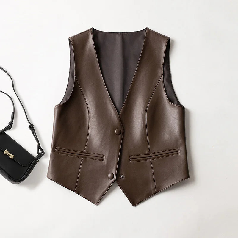 New Women Spring Autumn Leather Vest Fashion V-Neck Sleeveless Slim Sheepskin Jacket Casual Short Black Vest Split Leather
