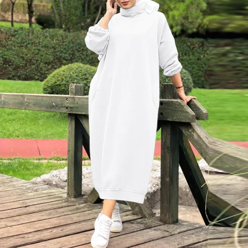 Women Hoodies Dresses Autumn Winter Casual Hooded Plush Tutleneck Pocket Sweaters Dress Long Sleeved Casual Loose Vestidos 2023