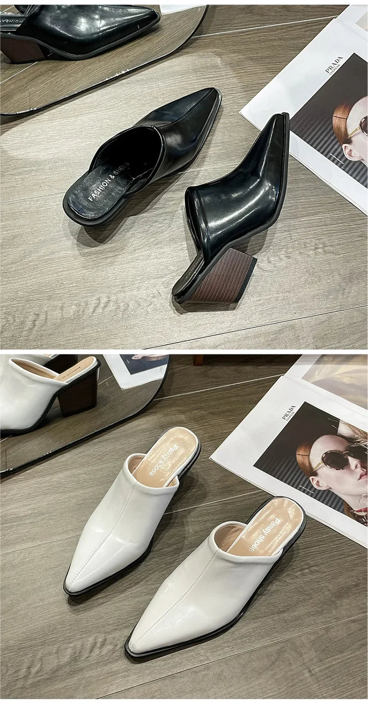 2024 Spring Summer New  Slippers Sexy Pointed Toe Slip on Shoes  Mules Female Fashion Thick Heel Outdoor Dress Sandals