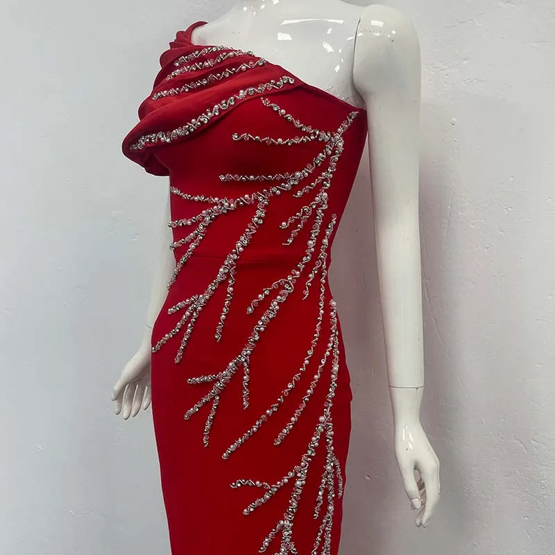Black Dresses Woman Elegant One Shoulder Shining Rhinestones Bodycon Red Bandage Long Dresses Party Cocktail Dress Evening Dress