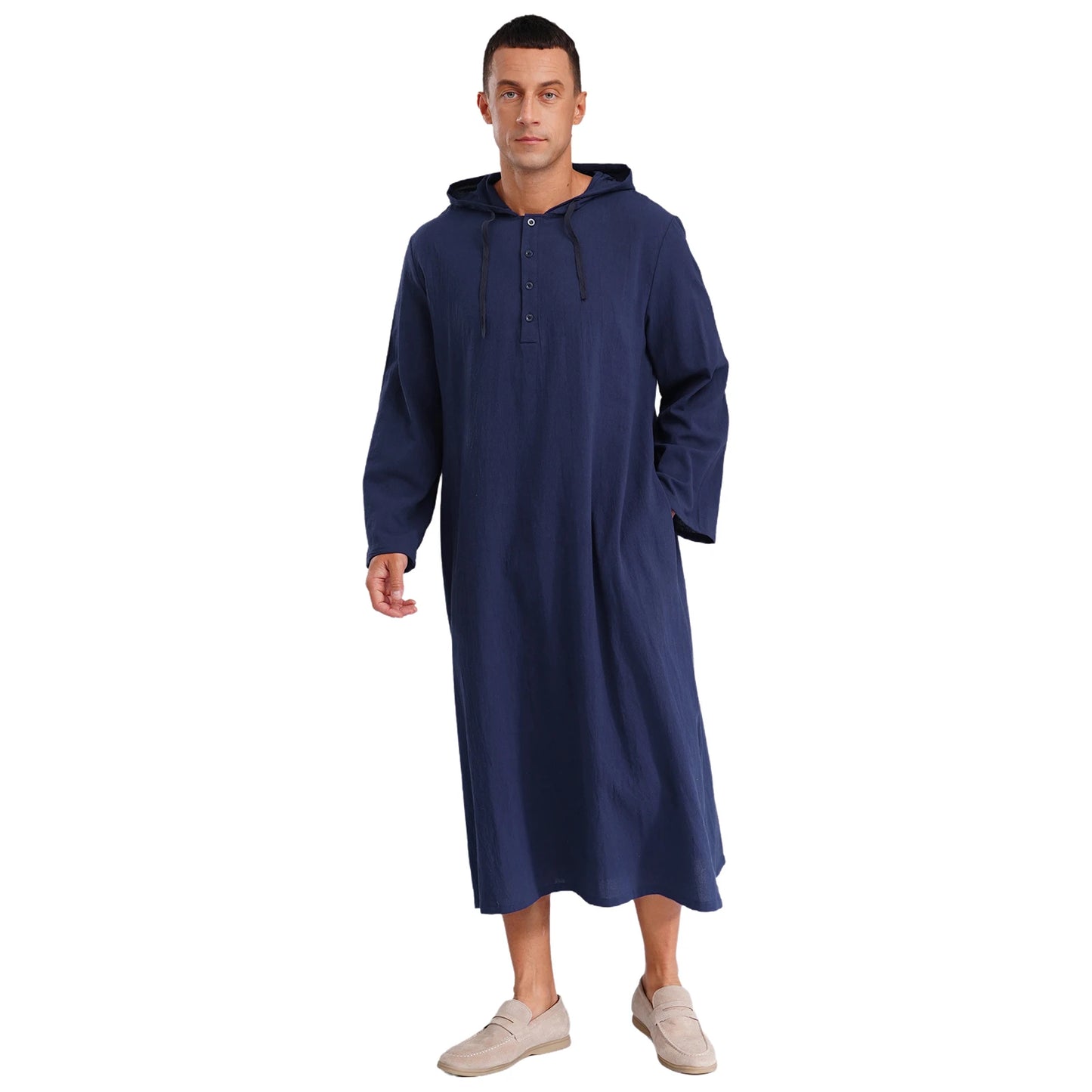 Islamic Kaftan Muslim Jubba Arabic  Thobe Men's Clothing Hooded Long Sleeves Pockest Buttons Long Loose Gown Shirt Dresses