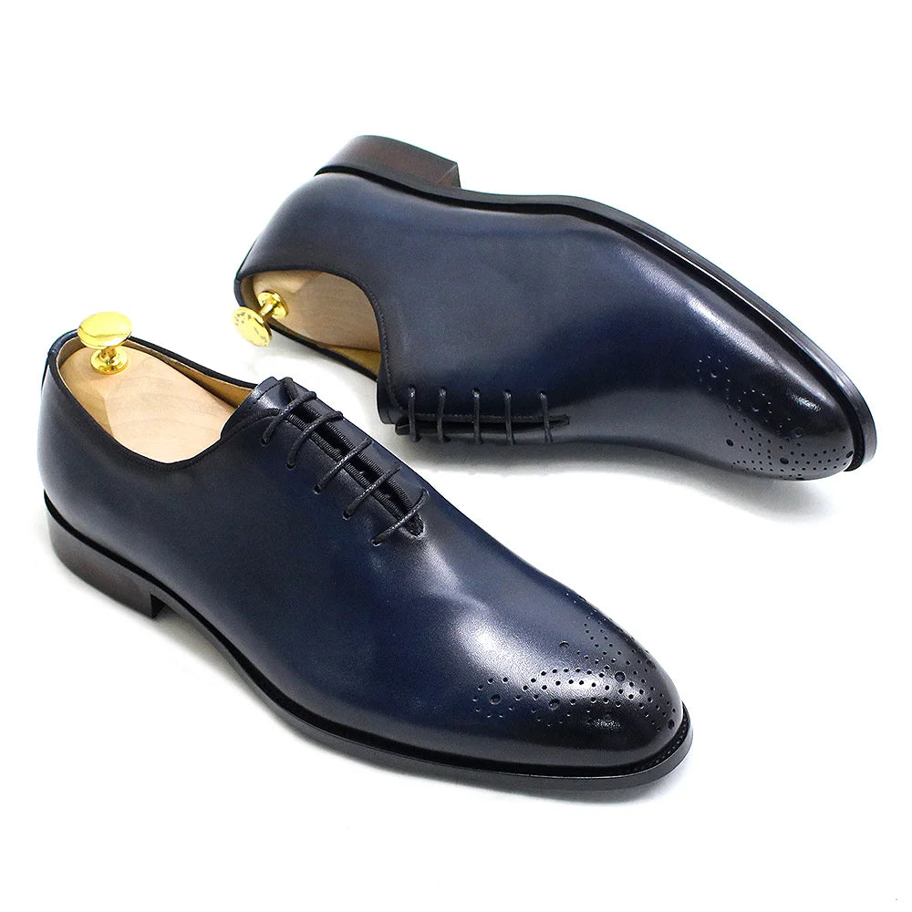 Genuine Leather Mens Formal Shoes Handmade Classic Whole Cut Oxfords Business Lace-up Plain Toe Wedding Dress Shoes for Men