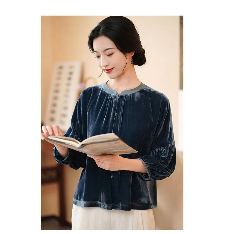 Silk Velvet Shirt for Women, Elegant Temperament Shirt, Mulberry Silk, Vintage Blouse, Violet Light, Comfortable, Spring Autumn