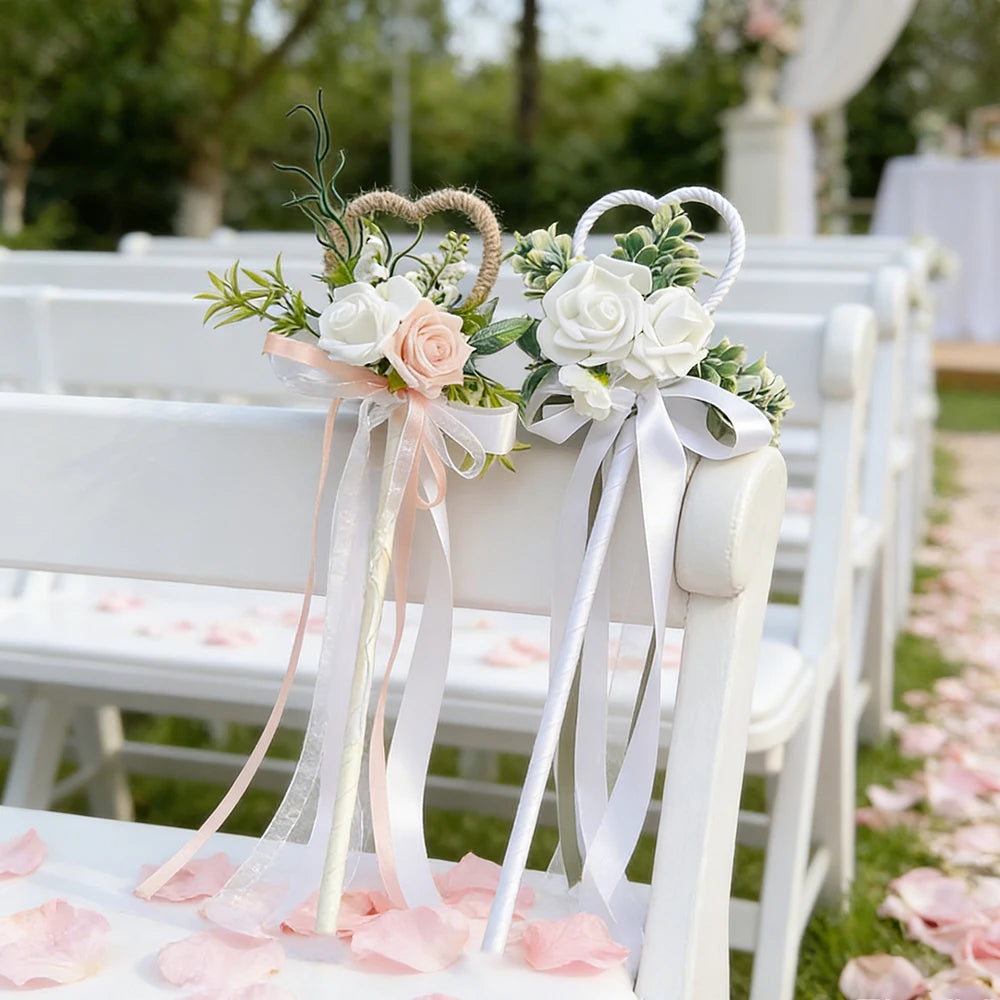 Wedding Flower Girl Wand, Floral Girl Wand Fairy Wand with Ribbon Flower for Wedding, Bridal Shower and Engagement Photo Shoot ﻿
