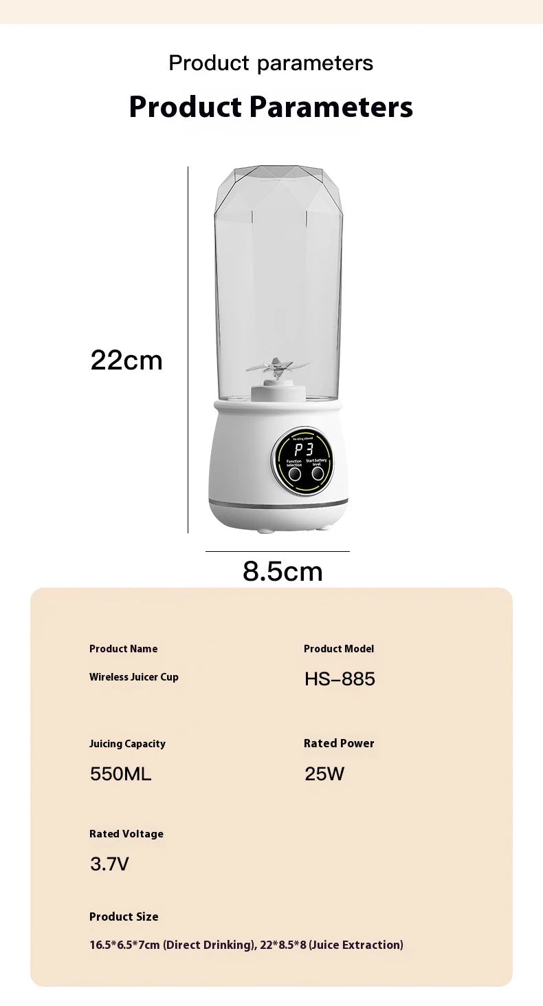 Portable USB rechargeable blender, electric juicer, 500ML capacity, 3-level power adjustment, for juicing fruits and vegetables