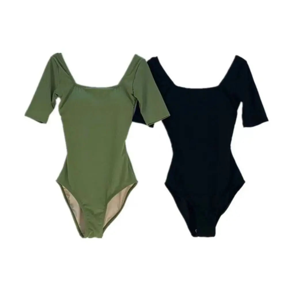 Ladies Bathing Suit Solid Color Hollow Out Swimsuit Slim Design High Waist Backless Swimsuit Mesh Cut Short Sleeve Swimwear Bath
