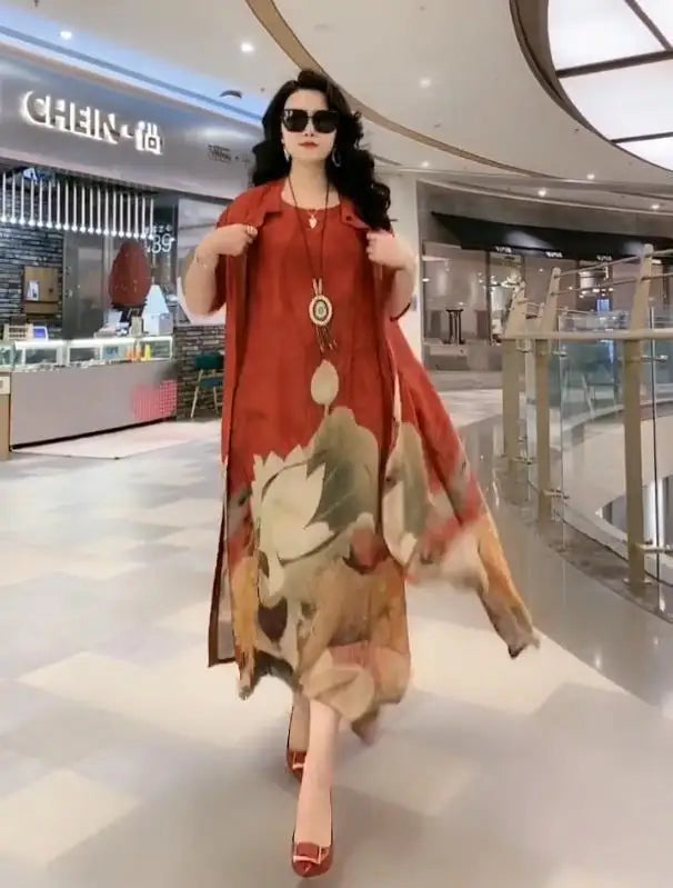 Authentic Silk Dress for Mother, Silkworm Loose Dress, High-End Print, 2-Piece Dress, Women's Dresses, Spring, Summer, New, 2023