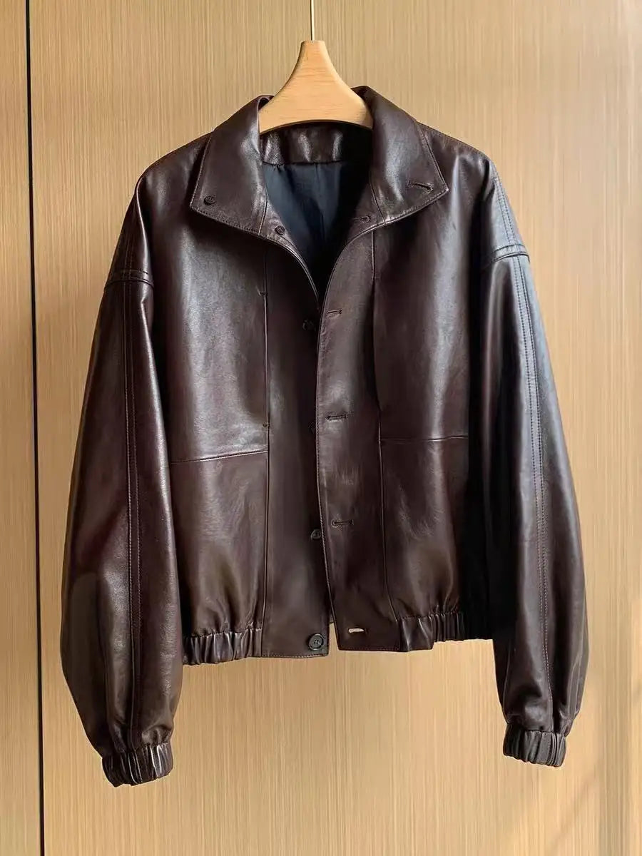 Imported Lightweight Leather Jacket for Women Modern Genuine Sheepskin Stand Up Collar Short Silhouette Coat Winter Tops Mujer