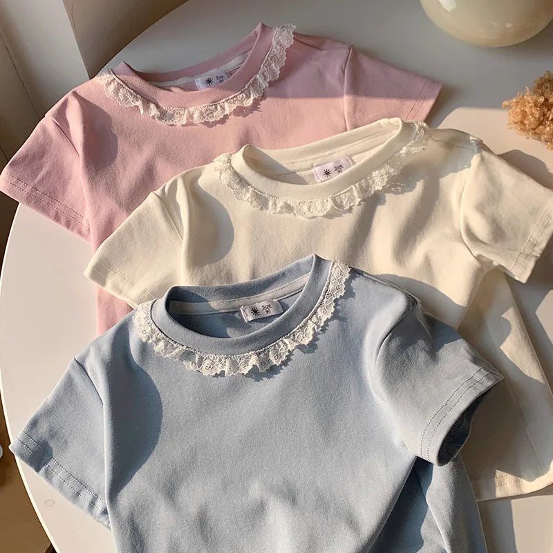Summer Girls Lace T-shirt Kids Loose Casual Solid Color Short Sleeves Crewneck Tops Baby Girl Cotton Tees Kids Clothes 1-6Years