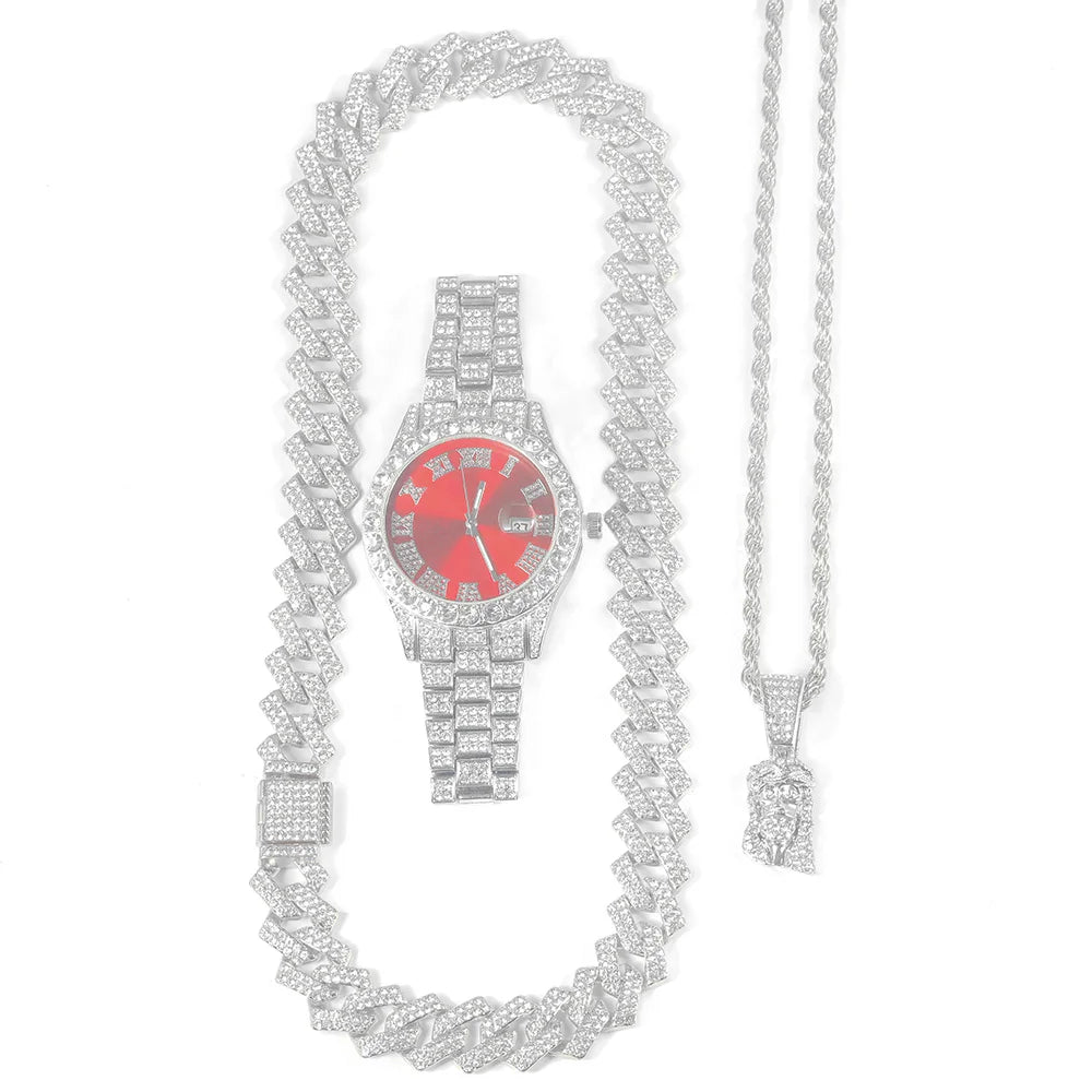 Men's Hip-hop Watch Jewelry Set Iced Out Punk Diamond Watch+Cuban Chain+Jesus Pendant Necklace Stylish Trend Men Women Gift Set