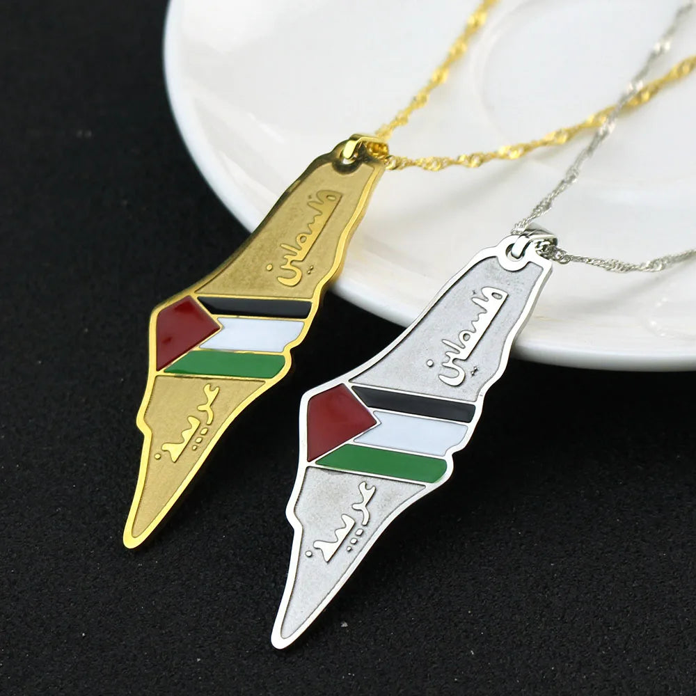 Palestine Map Flag Pendant Necklace For Women Men Stainless Steel Map Geography Necklace Choker Chain Jewelry