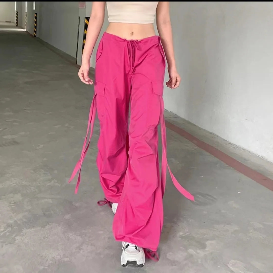 Pink Sash Loose Wide Leg Pants Women's Spring Summer Thin Drawstring Trousers Casual Loose Long Pants Trendy Commute Style