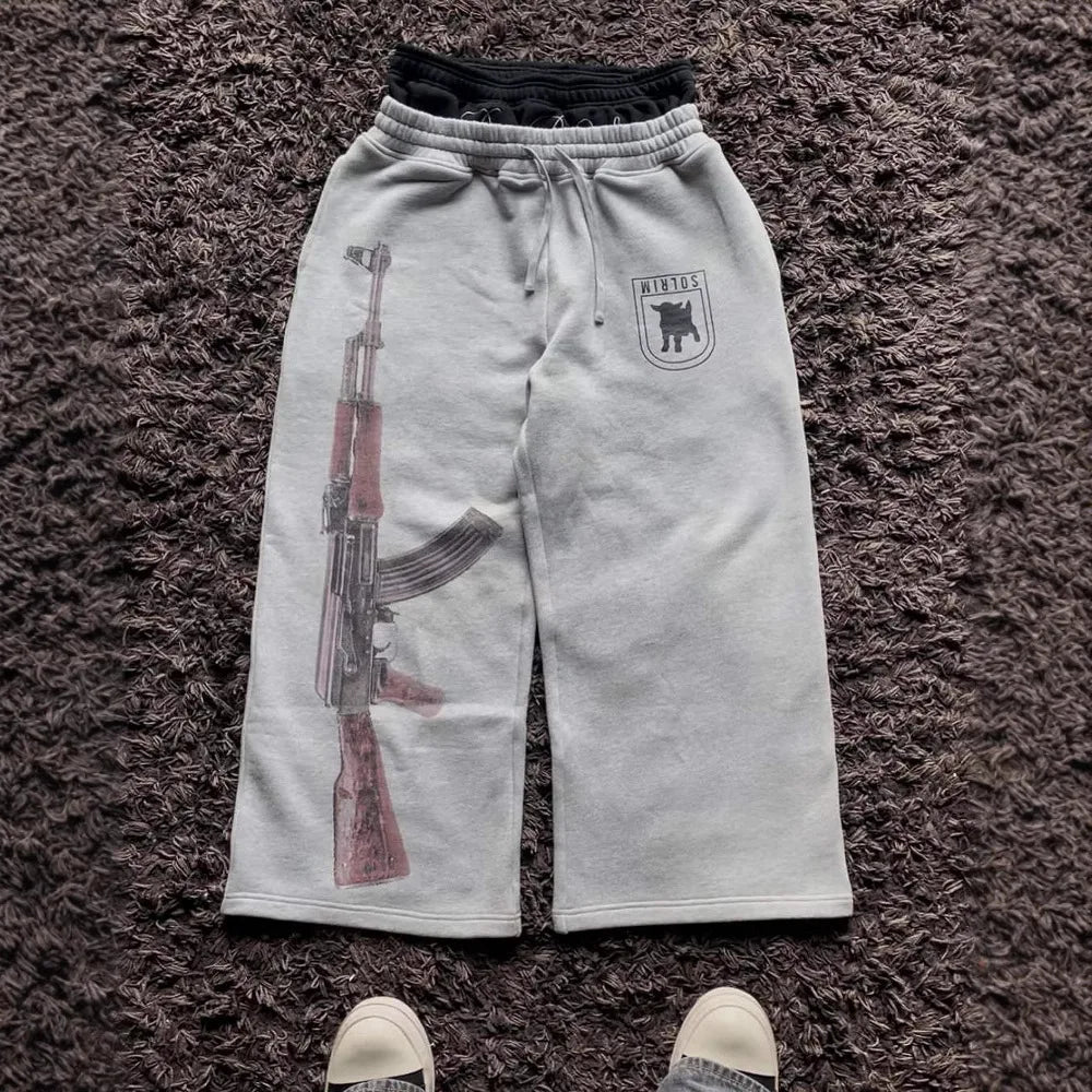 Grey pair of trousers sweatpants men and women gothic hip-hop embroidered embroidered pants casual elastic waist jogging pants