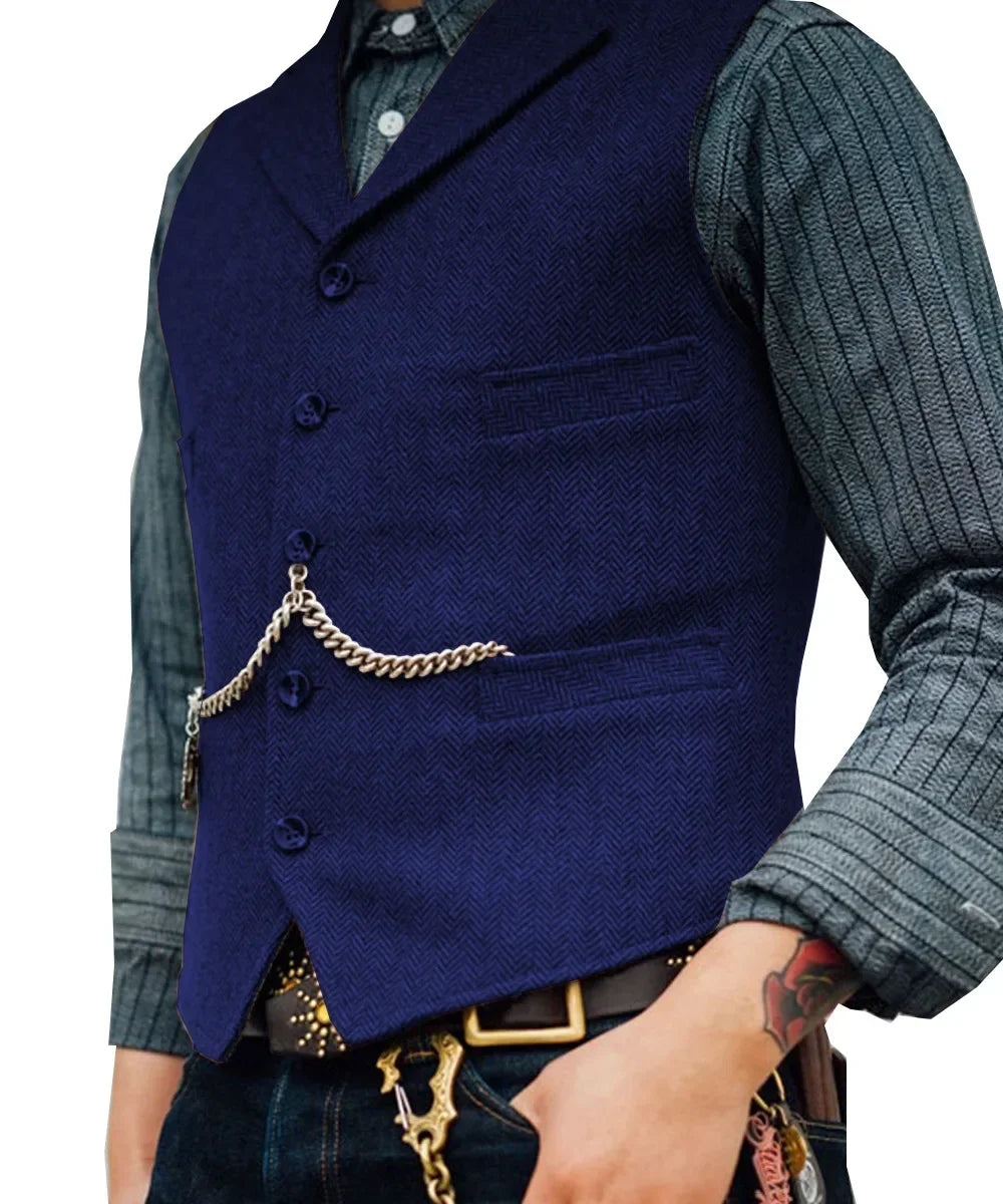Wool Tweed Men's Suits Vest for Groomsmen Wedding Lapel Casual Slim Business Vests Sleeveless Waistcoat Male Gilet Homme Vests