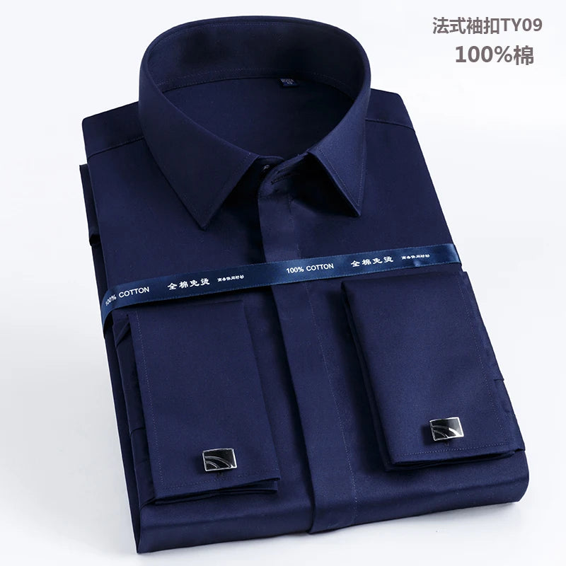 Men's French cufflinks shirt made of pure cotton long sleeved slim fit concealed button, solid color high end wedding dre