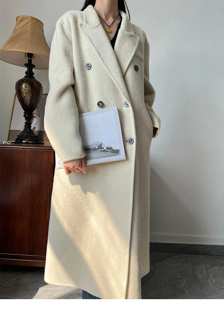 Office Lady Woolen Jackets 2024 Autumn And Winter Suit Collar Double Breasted Warmer Yak Hair Loose Long Women's Wool Coats