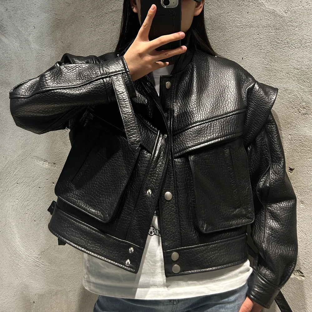 Grained Vintage Leather Jacket Women High Quality Genuine Sheep Leather Coat 2025
