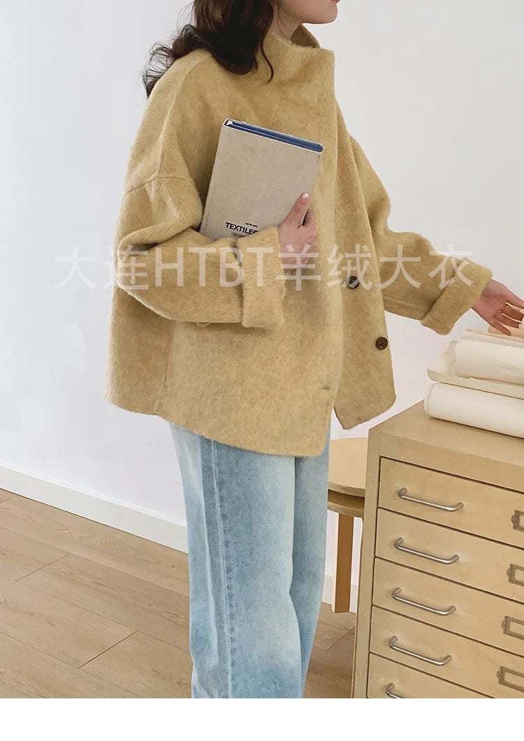 New Winter Short Woolen Coat Fashion Causal Warm Mulberry Silk Lapel Double-sided Wool Coat Loose Suit Jacket Female Tide Autumn