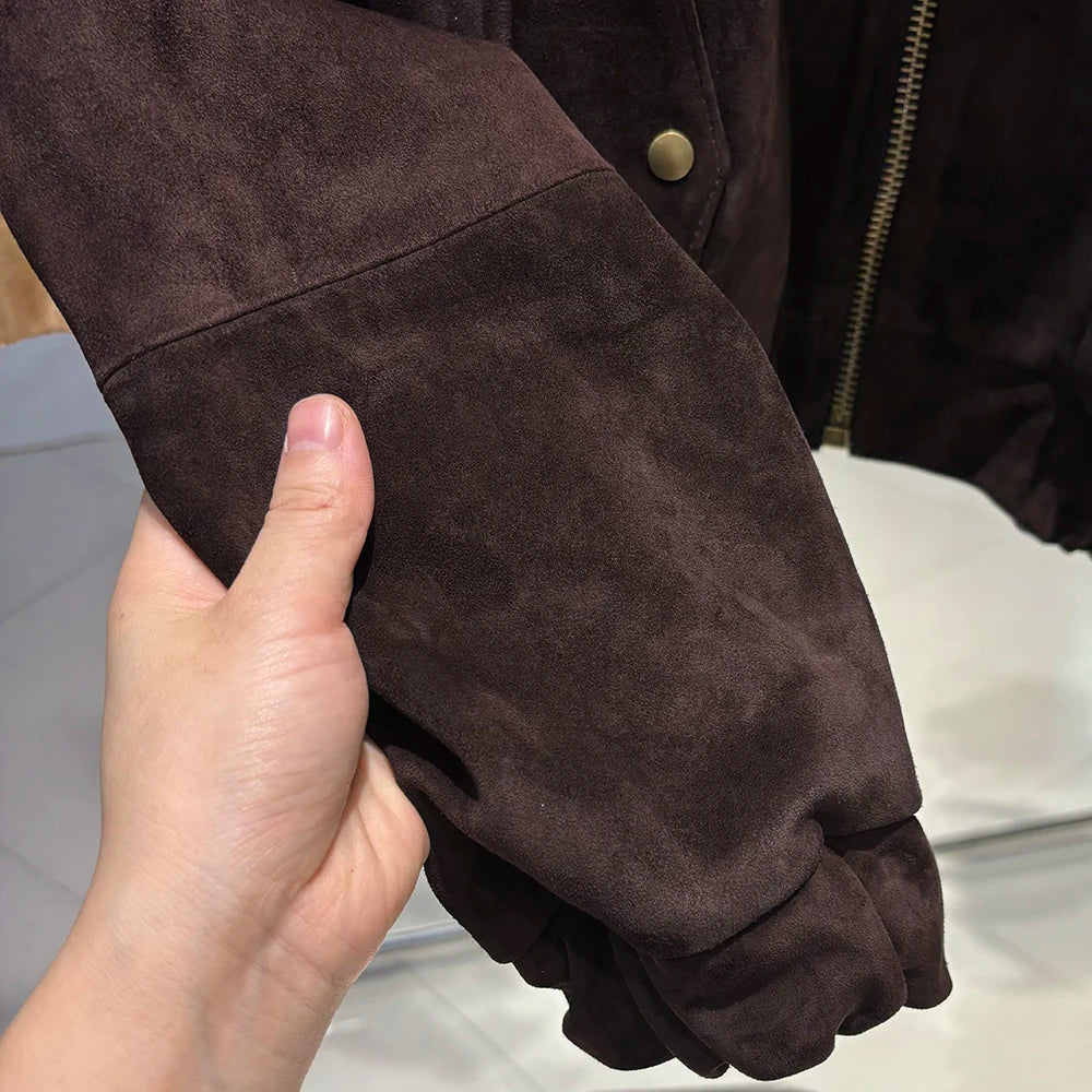 YOLOAgain Suede Leather Jacket Coat Women Real Leather Cropped Jacket Bomber Jacket 2025 Autumn