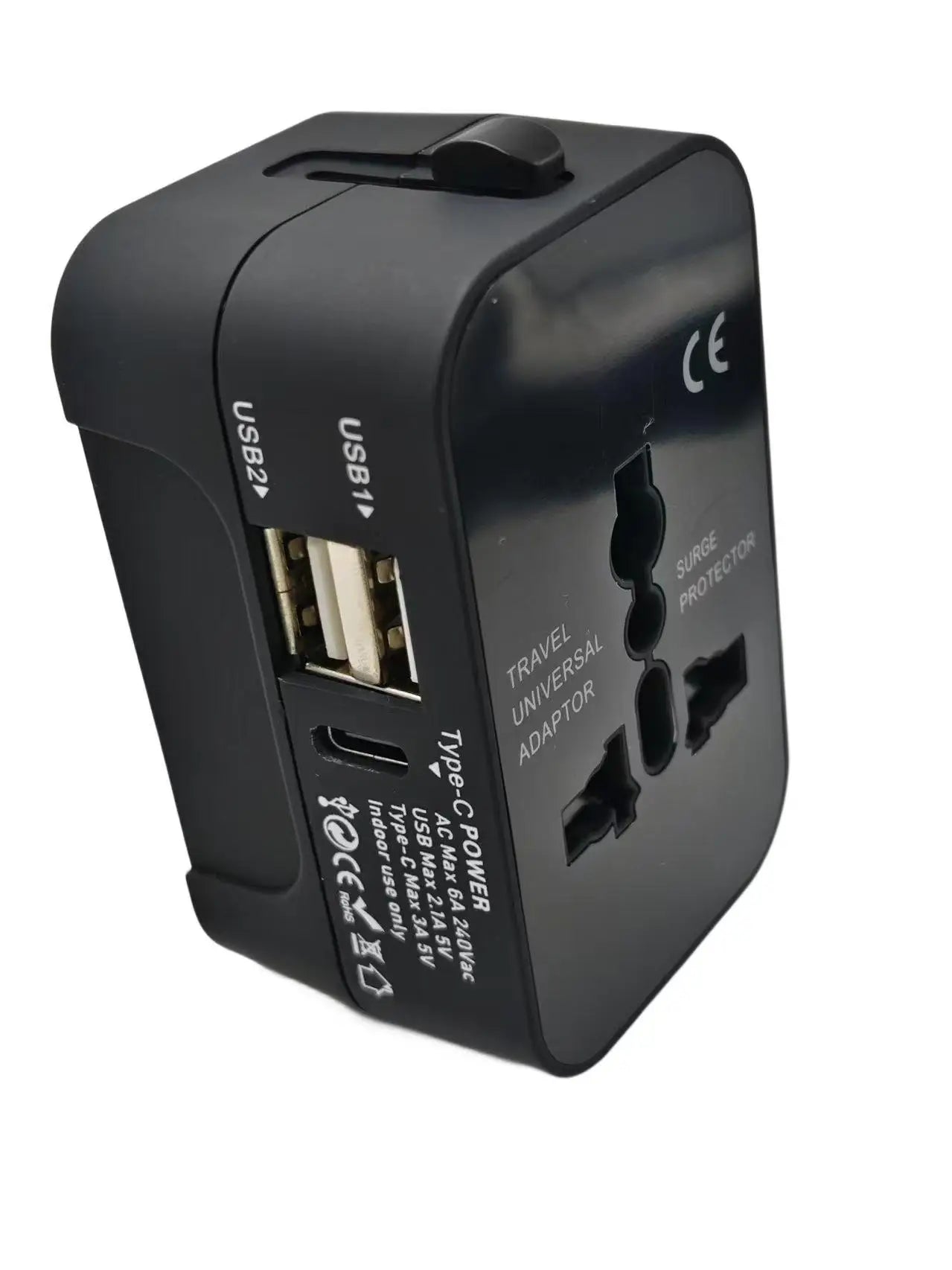 Universal travel plug charger adapter with 2 USB ports/Type-C ports, power outlet converter adapter covering over 150 countries.