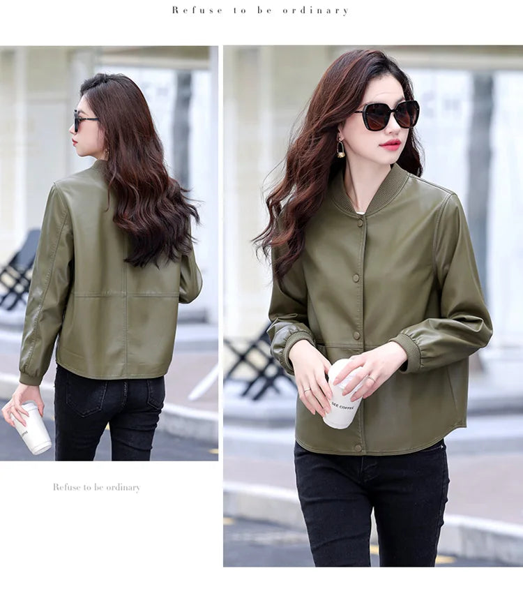 New Women Casual Leather Jacket Spring Autumn Fashion Patchwork V-Neck Single Breasted Loose Short Outerwear Split Leather