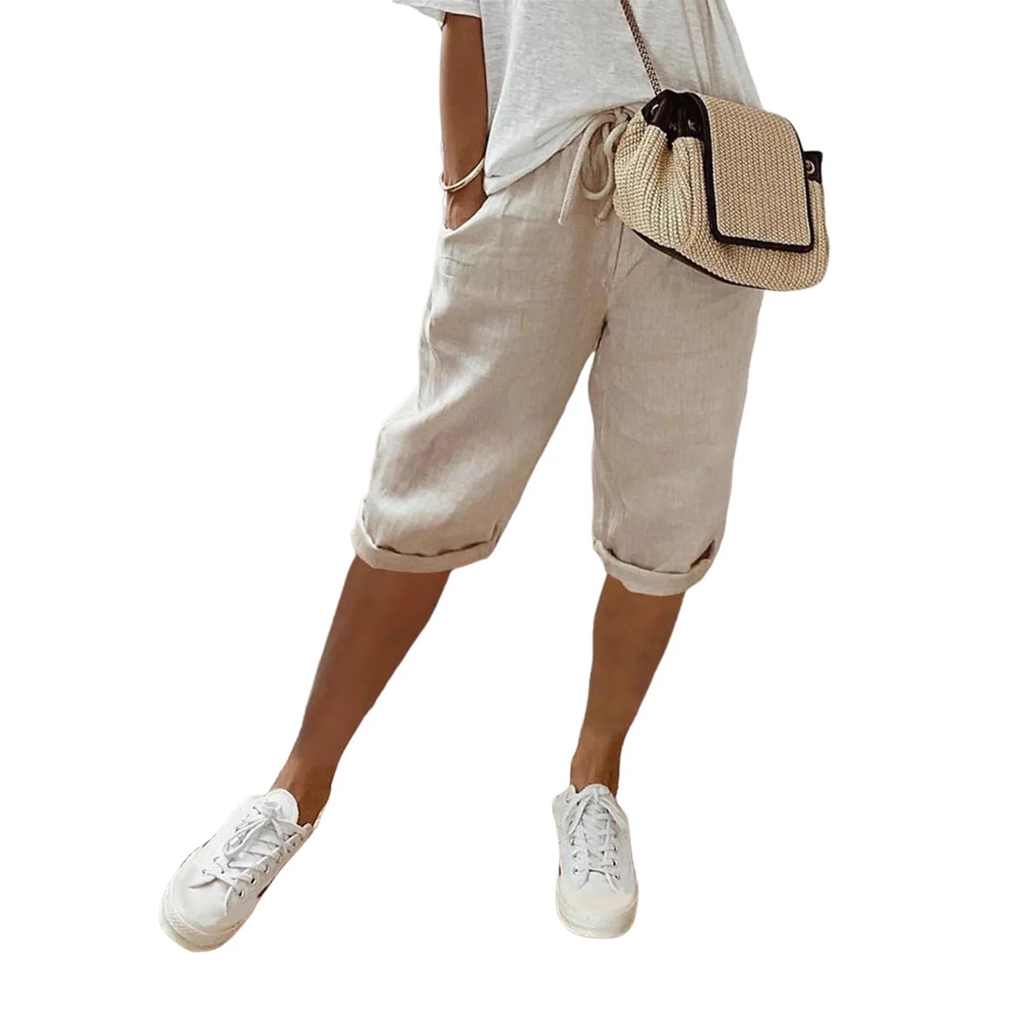 Spring Summer Women's Cotton Linen Trousers Pants Solid Elastic Waist Oversized Pants Women Straight White Homewear Trousers 3XL