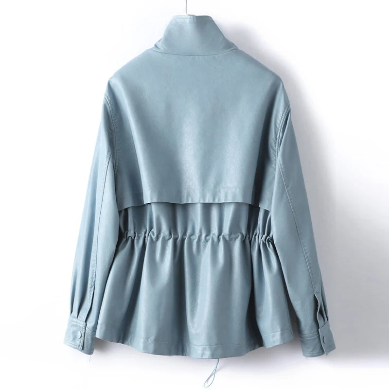 M-3XL Fashion Stand Collar Shrink Waist Sheepskin Jackets 2024 Fall Casual Loose Female Zipper Covered Button Split Leather Coat